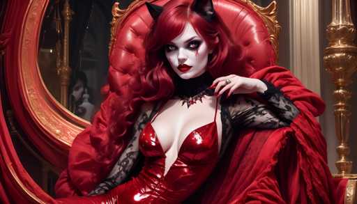 The image shows a woman with red hair and black makeup wearing a red dress with a black lace bodice and a black top hat on her head. She is sitting on a gold chair in front of a large mirror that reflects the room's interior. The background features a dark color, which contrasts with the woman's vibrant attire.