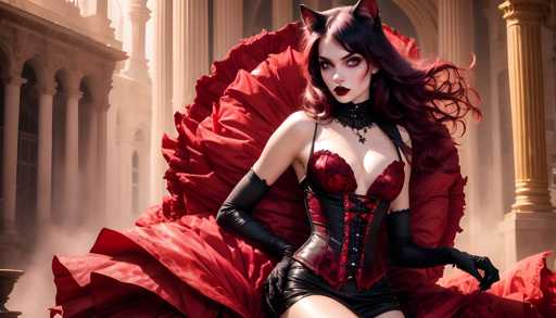 A woman with long dark hair and a red dress is shown against the backdrop of an ornate building with columns and arches. She is wearing black gloves and a corset that accentuates her figure. The image does not contain any discernible text or other objects.