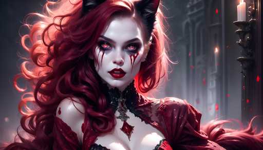 The image depicts a woman with red hair and black makeup, dressed in a costume that includes a headdress adorned with cat ears and a necklace featuring a large diamond pendant. The background is dark and features a castle-like structure with a window and a candle on the windowsill.