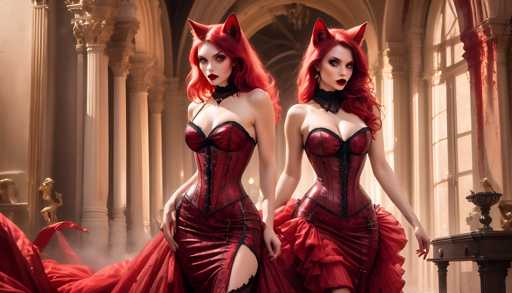 The image shows two women with red hair and dresses walking down a hallway. The woman on the left is wearing a red dress with a corset and high heels, while the woman on the right is wearing a red dress with a ruffled skirt and high heels as well. the woman on the right has her hair styled in an updo.