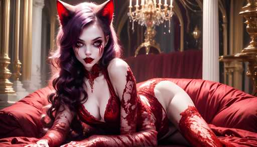 The image shows a woman with long dark hair wearing a red dress and red lipstick. She is lying on her stomach on a bed, with her legs extended outwards. The room has gold accents, including a chandelier hanging from the ceiling and a golden pillar in the background.