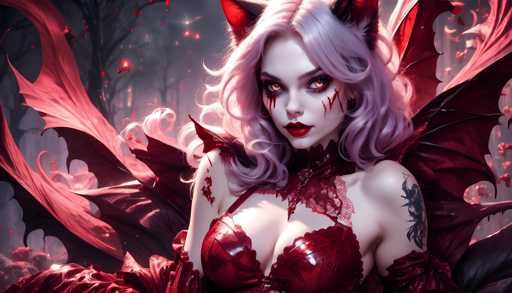 The image depicts a woman with long blonde hair and red lips wearing a red dress adorned with gold accents. She is standing against a dark purple background that features pink and white elements, including cat ears and wings. The woman's face is painted in shades of red and black, adding to the overall dramatic effect of the scene.