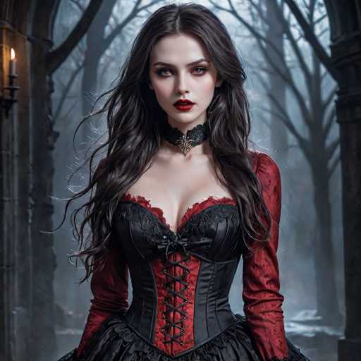 The image depicts a young woman, likely in her late teens or early twenties, with long, wavy brown hair cascading down to her chest. She has striking brown eyes and wears vivid red lipstick. Her attire is a gothic-style corset dress, predominantly black with red accents, including a red corseted bodice and red sleeves. A black choker with a gold pendant adorns her neck. The dress features a deep neckline, revealing some cleavage, and is laced up the front with black strings. The scene is set in a foggy, eerie forest with bare trees, adding to the dark and mysterious atmosphere. To her left, a lit candle in a candle holder casts a warm glow, while to her right, a stone pillar stands tall. The overall setting evokes a sense of gothic fantasy, reminiscent of characters from "The Addams Family" or "Wuthering Heights."