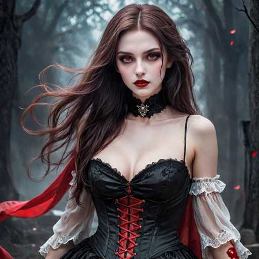 The image depicts a young woman, likely in her late teens or early twenties, with long, flowing brown hair that appears to be gently blowing in the wind. She has striking red eyes and is wearing bold red lipstick. Her attire consists of a black corset with red lacing, which is accentuated by a white, lacy, see-through fabric on her arms. A black choker with a silver pendant adorns her neck, and a red cape or scarf drapes elegantly from her back. The background features a dark, foggy forest with tall trees, some of which have red leaves, adding to the eerie and mysterious atmosphere. The overall scene is reminiscent of a gothic or horror-themed setting, possibly from a video game or a movie.