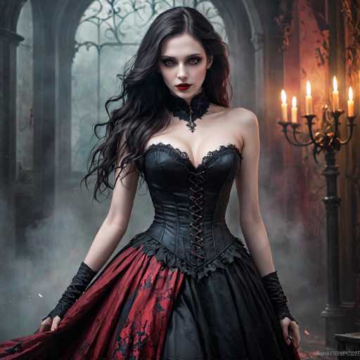 The image depicts a strikingly beautiful woman with long, wavy black hair cascading over her shoulders. She has a pale complexion, accentuated by bold red lipstick and dramatic eye makeup. Her attire is a black corset with lace detailing, laced up the front, and a red skirt that features black splotches. She wears black gloves that extend up to her elbows, and she holds the skirt with both hands, revealing a glimpse of her leg. The background is a smoky, atmospheric scene with a large arched window behind her, adding to the gothic ambiance. To her right, a candelabra with four lit candles stands on a pedestal, casting a warm glow. The overall setting is dark and mysterious, with the woman's intense gaze directed straight at the viewer, creating a captivating and somewhat eerie effect.
