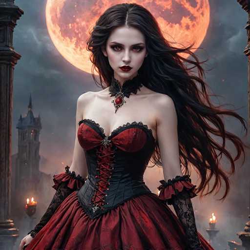 The image depicts a striking, computer-generated woman with long, flowing black hair that cascades down her back. She has a pale complexion and captivating red eyes, accentuated by dark red lipstick. Her attire is a gothic-inspired ensemble featuring a black corset with red accents, including red cups and a red skirt. The corset is laced up the front with red strings, and she wears black lace sleeves that extend to her wrists. Around her neck is a black choker adorned with a red jewel. The background is a dark, cloudy night sky dominated by a large, orange moon. To her left stands a tall, gray stone tower with a pointed top, while to her right, a lit torch adds to the eerie atmosphere. The overall scene is rich with gothic elements, creating a hauntingly beautiful and mysterious ambiance.