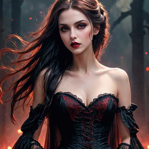 The image depicts a young woman, likely in her late teens or early twenties, with long, dark brown hair that flows past her shoulders. She is dressed in a black corset adorned with red floral patterns and lace trim, which laces up the front. Her attire includes black, lacy sleeves that extend from her elbows to her wrists. The woman has fair skin, striking red lipstick, and is wearing heavy eye makeup, including dark eyeshadow and mascara. Her expression is serious, and she gazes directly at the camera. The background is a dark, smoky forest with tall, shadowy trees and small red dots scattered throughout, creating an eerie, almost supernatural atmosphere. The overall scene is reminiscent of a gothic or horror movie setting.