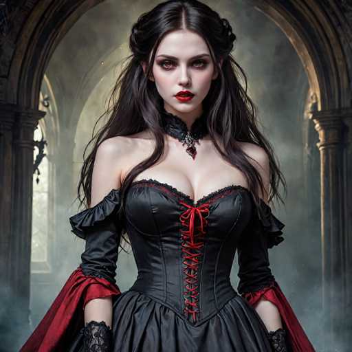 The image depicts a strikingly beautiful woman with long, dark brown hair styled in an elegant updo with loose strands framing her face. She has captivating brown eyes, accentuated by dark eyeshadow, and wears bold red lipstick. Her attire is a black corset with red lacing, complemented by a black choker necklace adorned with a red jewel. The dress features off-the-shoulder sleeves that are puffy and ruffled, with red fabric peeking out from the elbows. She also wears black lace gloves that extend up to her elbows. The background is a smoky, atmospheric scene with large stone archways and columns, giving the impression of an ancient, possibly medieval, castle or cathedral. The overall ambiance is dark and mysterious, with the woman's pale skin contrasting against the shadowy surroundings.