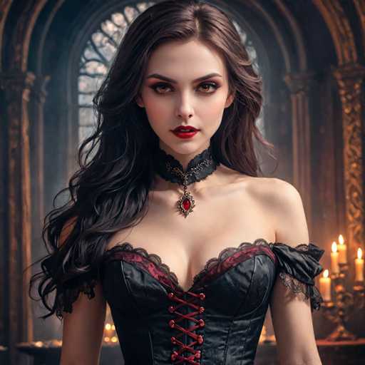 The image portrays a strikingly beautiful woman with long, wavy brown hair cascading past her shoulders. She has captivating brown eyes accentuated by heavy eye makeup, and her lips are painted a vivid red. Around her neck, she wears a black choker adorned with a red jewel. Her attire consists of a black corset with lace details and red lacing that ties up the front, leaving her shoulders bare. The background features a grand, ornate room with tall, arched windows and intricate gold trim. Candles in gold candlesticks are lit on a table behind her, adding a warm glow to the scene. The overall ambiance suggests a setting reminiscent of a castle or a grand mansion, with the woman exuding an air of elegance and sophistication.