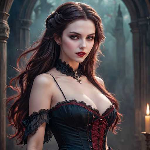 The image depicts a young woman, likely in her early 20s, with long, wavy brown hair that cascades down to her waist. She is dressed in a black corset with red lacing, which is accentuated by a lace collar around her neck. Her makeup is striking, featuring red lipstick and dark eyeshadow, and she wears a small stud earring in her right ear. The woman is positioned slightly to the right, gazing directly at the camera with a serious expression. The background is a misty, foggy forest with stone archways and columns, creating an eerie atmosphere. A lit candle in a candlestick holder is visible in the bottom right corner, adding to the mysterious ambiance. The overall scene evokes a sense of a gothic or fantasy setting, reminiscent of a character from a video game or a book like Twilight.