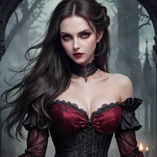 The image portrays a young woman, likely in her early 20s, with long, dark brown hair that cascades down to her waist. She has striking brown eyes and is adorned with a black choker featuring a prominent red jewel. Her attire is a gothic-style corset, predominantly black with intricate red lace detailing around the bust and sleeves. The corset is laced up the front, adding to her elegant yet dark aesthetic. She wears red lipstick and a single earring, enhancing her gothic look. The background is a foggy, eerie forest with bare trees, creating a mysterious atmosphere. To the right, there are faint lights, possibly from a fire or candles, adding a touch of warmth to the otherwise cold and dark setting. The overall scene is reminiscent of a gothic or horror-themed portrait, possibly AI-generated, with a focus on the woman's enigmatic presence amidst the foggy woodland.
