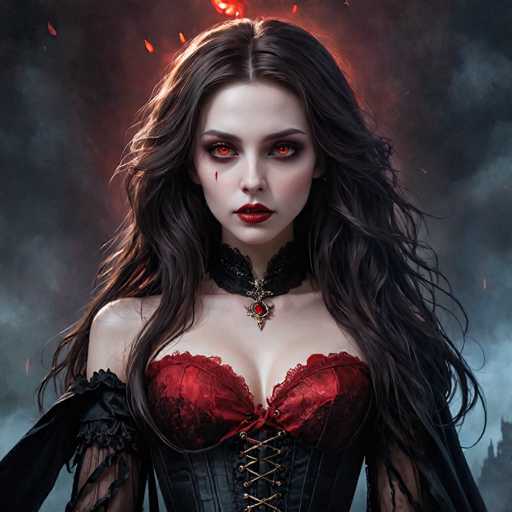 The image depicts a striking, computer-generated portrait of a young woman with long, wavy brown hair cascading past her shoulders. Her pale skin contrasts sharply with her intense red eyes, which are accentuated by dark eye makeup. A small drop of blood is visible on her right cheek, adding to her enigmatic expression. She wears a black choker adorned with a red jewel and a matching black corset with red lace detailing and lacing up the front. Her arms are covered in black lace sleeves, and a black cape drapes over her shoulders. The background is a dark, smoky gray, with hints of red embers floating around her head, enhancing the eerie and gothic atmosphere of the scene.