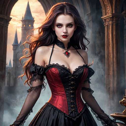 The image depicts a young woman, possibly in her early 20s, with long, wavy brown hair that cascades down to her waist. She has striking brown eyes and wears bold red lipstick. Her attire is a gothic-style corset dress, predominantly black with red stripes running down the sides. The dress features intricate lace details around the bust and sleeves, which are puffy and black. A black choker with a red jewel adorns her neck, complementing the corset's lacing up the front. She appears to be seated, with her hands resting on a table, and is gazing directly at the camera. The background reveals a grand, castle-like structure with tall, pointed towers and a large archway, suggesting a medieval or fantasy setting. The scene is bathed in a warm, orange light, possibly from a setting sun, adding to the ethereal and enchanting atmosphere.