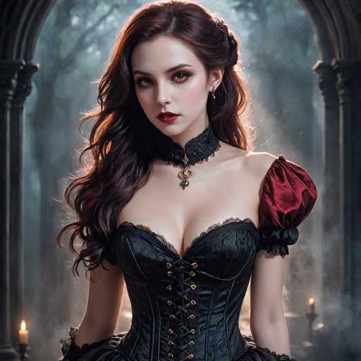 The image depicts a young woman with long, wavy brown hair, styled with a clip on the right side. She has striking brown eyes, red lipstick, and a fair complexion. She is adorned in a Victorian-style outfit, featuring a black corset with gold buttons and lace detailing, laced up the front. The corset is complemented by a black choker with a gold pendant. Her left shoulder is bare, while her right shoulder is covered by a red, puffy sleeve that extends to her elbow, secured with a black ribbon. She wears a dangling earring in her left ear. The background is a smoky, atmospheric forest with tall trees and two lit candles on either side of her, framed by stone archways. The overall scene is dark and mysterious, with a hint of fog adding to the eerie ambiance.