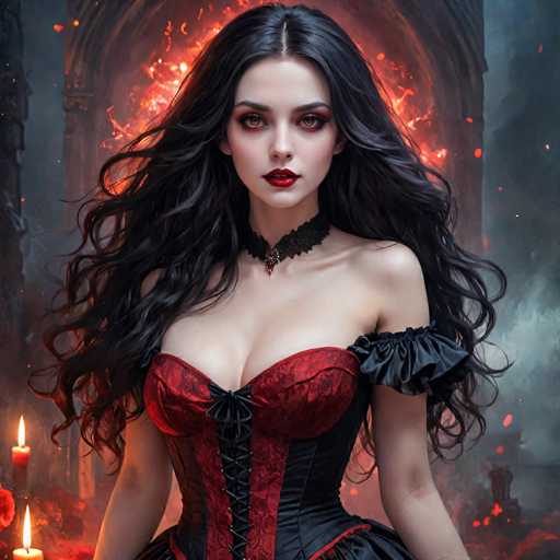 The image depicts a striking, computer-generated woman with long, wavy black hair cascading down her shoulders. She has a pale complexion, accentuated by her bold red lipstick and heavy eye makeup, which includes dark eyeshadow and eyeliner. Her eyes are a captivating reddish-brown. She is adorned in a corset-style dress that is predominantly red with black accents, featuring a black lace choker around her neck. The dress has a black lace detail on the left shoulder, while the right shoulder is bare. The background is filled with dramatic elements, including a large arched doorway engulfed in flames, with embers and sparks floating around her. To her left, two lit candles add to the fiery ambiance. The overall scene is dark and smoky, enhancing the intense and mysterious aura of the woman.