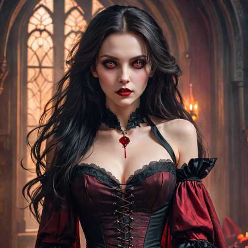 The image portrays a striking, computer-generated woman with long, wavy black hair cascading down her shoulders. Her eyes are a mesmerizing reddish-orange, and her lips are painted a vivid red. She wears a black choker adorned with a blood-red pendant that appears to be dripping, adding to her eerie allure. Her attire consists of a corset-like dress in a deep burgundy or maroon color, featuring black lace trim and a lace collar. The dress is laced up the front with brown strings, and it has black straps over her shoulders. The dress is off the shoulder on her left arm, while the right shoulder is covered. She stands in a dimly lit room with a large, ornate stained glass window behind her, casting a soft glow. To her right, a lit candle hangs on the wall, and a small fire burns in the bottom right corner of the image. The overall scene is dark and mysterious, with a gothic atmosphere that enhances the woman's haunting presence.