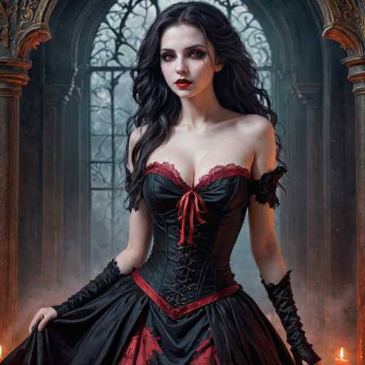 This AI-generated image depicts a striking gothic-style woman with long, wavy black hair cascading down to her chest. She is adorned in a black corset with red lace trim, laced up the front, and a matching black skirt with red accents. Her ensemble is completed with black gloves that extend up to her elbows. The woman's pale skin contrasts sharply with her dark makeup, which includes black eyeshadow and red lipstick. Her eyes are a haunting reddish color, adding to her ethereal appearance. She stands in a dimly lit room with tall, ornate brown columns and a large arched window behind her, through which bare tree branches are visible. The room is shrouded in a smoky haze, and two lit candles on the floor to her right cast a soft glow, enhancing the mysterious and eerie atmosphere.