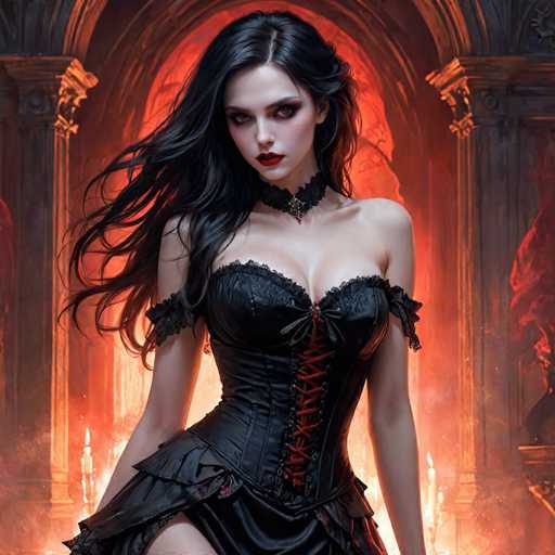 The image depicts a striking, computer-generated woman with long, flowing black hair that cascades down to her waist. She has pale skin and intense red eyes, accentuated by dark eye makeup and vivid red lipstick. Her attire is a black corset with red lacing, complemented by a black choker necklace. The corset is designed with frills at the top and around the sleeves, which are cut off just above her shoulders, revealing her bare arms. The dress flares out at the bottom, adding to her dramatic appearance. She stands in a dimly lit room with a background that features a red glow, possibly from candles or firelight, and is framed by tall, ornate columns. The overall scene has a gothic, almost vampire-like ambiance, with the woman's pale complexion and intense gaze adding to the eerie atmosphere.
