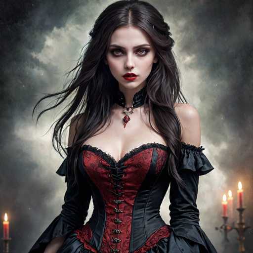 The image depicts a young woman, likely in her early 20s, with long, dark brown hair that cascades down to her chest. She has striking brown eyes and wears vivid red lipstick that accentuates her delicate features. Her attire is a gothic-style corset dress, predominantly black with intricate red lace details. The dress features a deep V-neckline and long sleeves that extend to her forearms, with the fabric puffy around her shoulders and waist. A black choker adorned with a red jewel and a silver chain graces her neck, adding to the gothic aesthetic. The background is a dramatic blend of dark gray and black clouds, illuminated by the soft glow of three lit candles in a candelabra on the right side and a single candle on the left. The overall atmosphere is dark and mysterious, with the woman's pale skin contrasting starkly against the shadowy backdrop.