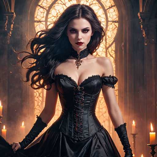 The image depicts a striking gothic-style woman with long, flowing black hair and pale skin. She has intense red eyes and wears vivid red lipstick. Her attire includes a black leather corset laced up the front, a black choker necklace adorned with a diamond-shaped pendant, and long black gloves that extend to her elbows. She is holding the sides of her black dress, which features a ruffled design at the top and a flowing skirt. The background is dimly lit, with a large circular stained glass window behind her, casting a yellowish light. Candles in candle holders are scattered around, adding to the eerie atmosphere. The woman stands with her arms at her sides, gazing directly at the camera, creating a haunting and captivating scene.