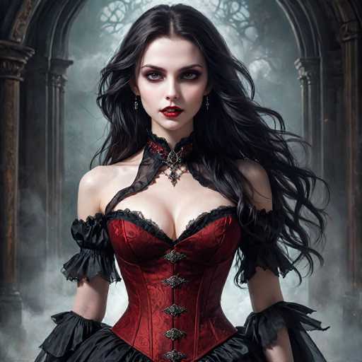 The image depicts a young woman with long, wavy black hair cascading down to her waist. She has striking red eyes and wears bold red lipstick, enhancing her dramatic appearance. Her attire consists of a red corset with black lace trim and silver buttons, complemented by a black choker adorned with a silver pendant. The corset is accentuated with black ruffles around her arms and chest, adding to the gothic aesthetic. She also sports silver earrings that dangle elegantly. The background features a dark, gothic archway with columns on either side, shrouded in a smoky haze that adds to the mysterious and eerie atmosphere. The woman's pale skin contrasts sharply with her dark hair and the deep red of her corset, making her the focal point of this hauntingly beautiful scene.