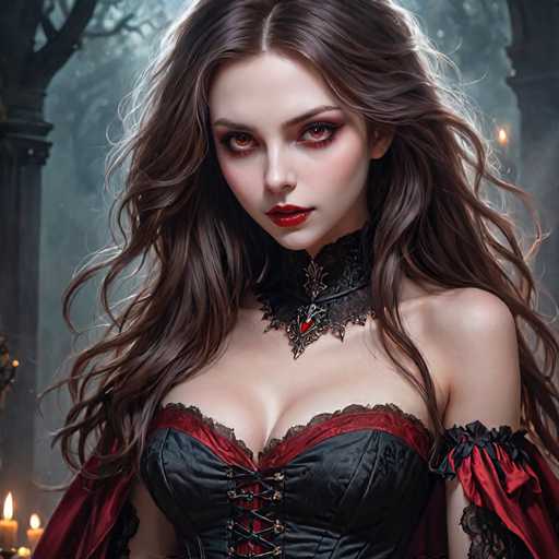 This image is a detailed, computer-generated illustration of a young woman, likely in her early 20s, with long, wavy brown hair cascading past her shoulders. She has striking red eyes and wears bright red lipstick, enhancing her pale complexion. Her attire is a black corset with red accents, laced up the front, and adorned with lace trim at the top. A black choker with a red heart pendant sits around her neck. She also wears a red cape that drapes over her shoulders. The background features a dark, foggy forest with trees and a few lit candles, adding to the eerie atmosphere. The woman's gaze is directed slightly to the left, and the overall scene evokes a gothic, possibly supernatural theme.