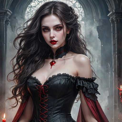 A woman with long dark hair and red lipstick stands in a Gothic-style room filled with candles and smoke. She is wearing a black corset and a necklace made of blood. The room has a large window on the right side that allows light to enter from above, illuminating the scene below.