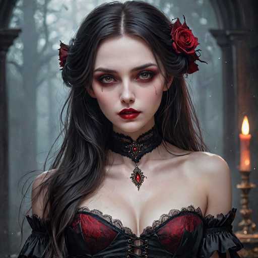 The image depicts a strikingly beautiful woman with long, dark brown hair adorned with two red roses. Her hair is styled in a half-up, half-down manner, with the top portion pulled back. She has captivating green eyes accentuated by heavy red eyeshadow, and her lips are painted a vivid red. Her face is marked by two teardrop-shaped scars, one on each cheek, adding an element of intrigue to her appearance. She is dressed in a black choker necklace featuring a red jewel, and a corset-style top with red cups and black lace detailing. The background is a misty forest with tall trees, creating a mysterious and ethereal atmosphere. To her right, a lit candle in a candlestick holder adds a touch of warmth to the scene. The overall composition suggests a gothic or fantasy theme, with the woman's intense gaze and dramatic makeup drawing the viewer's attention.