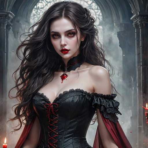 The image depicts a striking, computer-generated woman with long, wavy black hair cascading down to her waist. She has pale skin, accentuated by bold red lipstick and dramatic eye makeup, including red eyeshadow and black eyeliner. Her eyes are a captivating reddish-brown. She is adorned in a black corset with lace trim and red lacing, which ties up the front. A black choker with a red heart pendant, from which blood seems to drip, encircles her neck. Flowing from her elbows are red sleeves that add to her gothic appearance. The background features a grand, cathedral-like setting with large stone arches and columns, shrouded in a smoky, ethereal atmosphere. Candles are lit on both sides of the image, enhancing the mystical and eerie ambiance.