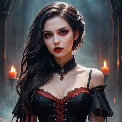 The image depicts a young woman, likely in her early 20s, with long, dark brown hair that cascades over her right shoulder. She has striking red lipstick and brown eyes, with a notable detail of blood trickling from her left eye down her cheek. Her attire is a black corset adorned with red lace and red lacing, complemented by a black choker necklace featuring a red jewel. The corset has a single strap over her left shoulder, while her right shoulder remains bare. The background is a smoky, atmospheric setting with two lit candles on either side of her, casting a warm glow. The scene is framed by dark, possibly stone or wooden, archways, adding to the gothic and mysterious ambiance.