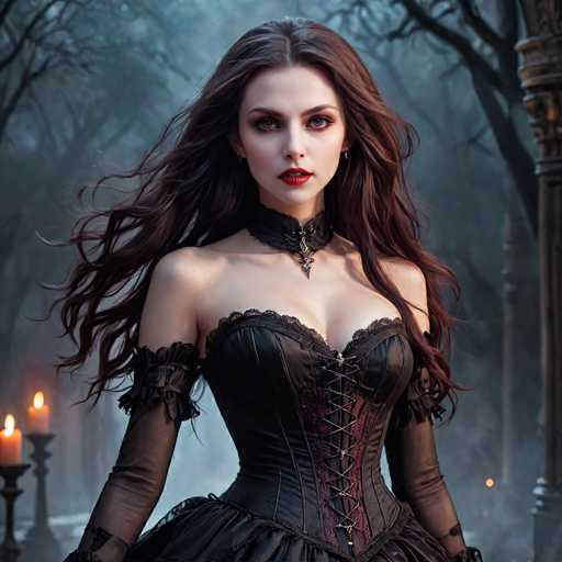 The image depicts a young woman with long, dark brown hair, styled in a gothic or Victorian-inspired outfit. She is wearing a black corset with lace trim and a red interior, laced up the front, and a choker collar adorned with a silver pendant. Her arms are covered by black lace sleeves that extend from her shoulders to her wrists. The woman has striking red lipstick, brown eyes, and is looking directly at the camera. The background features a foggy, eerie forest with bare trees, creating a dark and mysterious atmosphere. On the left side of the image, there are two lit candles on candlesticks, and on the right, a large brown pillar stands prominently. The overall scene is dimly lit, with a grayish hue, enhancing the gothic and haunting ambiance.