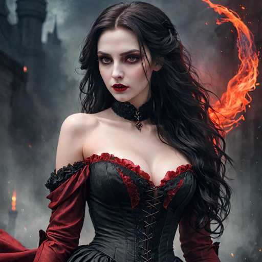 The image depicts a striking, gothic-style woman with long, wavy black hair cascading down her shoulders. She has pale skin, accentuated by dark red lipstick and heavy eye makeup, including dark eyeshadow and eyeliner. Her attire is a black corset with red frills and lacing up the front, complemented by red sleeves that extend from her elbows to her wrists. A black choker with a pendant adorns her neck. The background features a dark, smoky atmosphere with a gray castle on the left, illuminated by fiery torches. On the right side of the image, a large, fiery flame curves upwards, adding to the dramatic and intense mood of the scene.