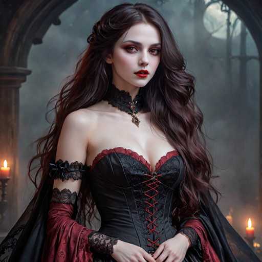The image portrays a young woman, likely in her late teens or early twenties, with long, dark brown hair cascading down to her waist. She has a pale complexion, accentuated by heavy makeup, including dark red eyeshadow and bright red lipstick. Her attire is a striking black corset with red trim, laced up the front, and adorned with lace details on the sleeves. A black choker with a pendant sits around her neck. She stands in a dimly lit, gothic-style room, framed by large archways that suggest a castle-like setting. The background is shrouded in fog, with the silhouettes of trees and a full moon barely visible. Candles on candlesticks are scattered around her, casting a soft glow that enhances the eerie, mysterious atmosphere.