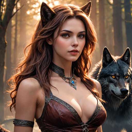 The image depicts a highly detailed, computer-generated scene of a young woman with long, wavy brown hair, standing in a sunlit forest. She has striking green eyes and is adorned with black cat ears, which add a fantastical element to her appearance. Her attire includes a low-cut, brown leather dress with black trim, complemented by a black leather choker necklace featuring a blue gemstone pendant. Additionally, she wears a leather armband on her right arm. Beside her stands a black and gray wolf with piercing orange eyes, its gaze directed to the right. The background is filled with tall trees, their leaves illuminated by sunlight filtering through the canopy, creating a serene and mystical atmosphere.