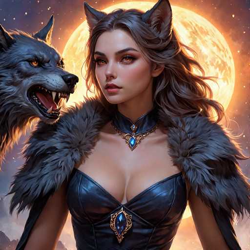 This detailed digital artwork depicts a young woman with long, wavy brown hair and striking orange-brown eyes. She is adorned with cat-like ears and a fur cape that drapes over her shoulders, complementing her black leather corset. The corset features a prominent blue gemstone at the center, matching the blue gemstone on her necklace. Her lips are painted a vivid red, and she gazes slightly to the left. Behind her, a large, glowing yellow moon illuminates the night sky, which is dotted with stars. To her left, a snarling gray wolf with yellow eyes and bared teeth appears to be growling at her. The background is a blend of dark blue and purple hues, adding to the mystical and enchanting atmosphere of the scene.