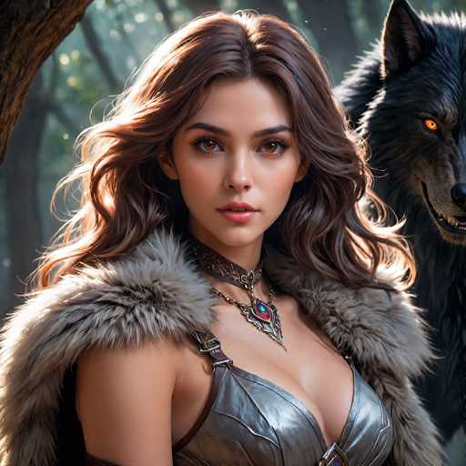 The image depicts a highly detailed, AI-generated fantasy scene featuring a young woman and a wolf in a forest setting. The woman, who has long, wavy brown hair and striking brown eyes, is adorned with a fur cape draped over her shoulders and a silver leather top. She wears a distinctive necklace with a large red gemstone and a choker-like collar. Her expression is serious, and she gazes directly at the viewer. Behind her, a black wolf with piercing orange eyes stands, its mouth slightly open to reveal sharp teeth. The background is a dense forest with sunlight filtering through the trees, casting a natural glow on the woman's hair and the wolf's fur. The overall composition and intricate details suggest that the image is a sophisticated piece of AI-generated artwork.