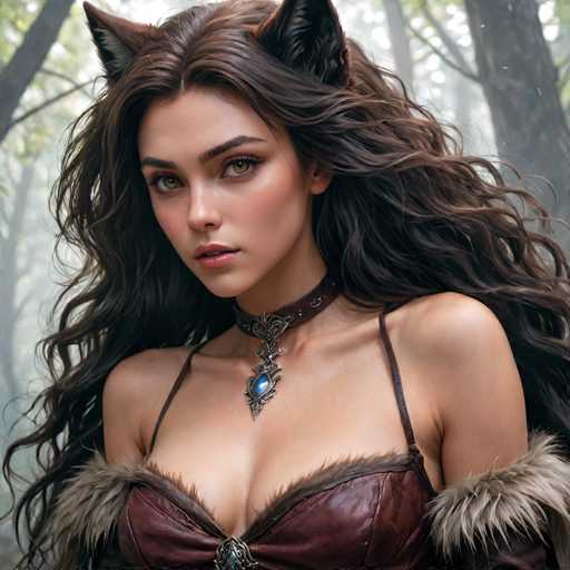 This image depicts a highly detailed, computer-generated or AI-generated fantasy character of a young woman with long, wavy brown hair. She has striking green eyes and is adorned with a choker necklace featuring a blue gemstone. Her attire includes a maroon leather top with thin straps and fur trim around the shoulders, giving her a seductive yet medieval appearance. The character also sports large, fox-like ears, adding to her mystical aura. The background is a misty forest with tall trees, enhancing the ethereal and enchanting atmosphere of the scene.