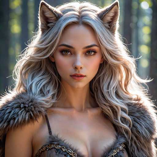 The image depicts a highly realistic, computer-generated or AI-generated woman with long, wavy blonde hair that cascades down to her chest. She has striking brown eyes and is adorned with a pair of large, fox-like ears that are brown with white fur inside. Her attire includes a fur-trimmed, low-cut top that reveals her cleavage, and she also wears a fur cape or jacket over her shoulders. The background is a blurred forest scene, with sunlight filtering through the trees, casting a warm glow on her face and hair. The overall composition highlights her detailed features and the intricate textures of her clothing and the surrounding nature.