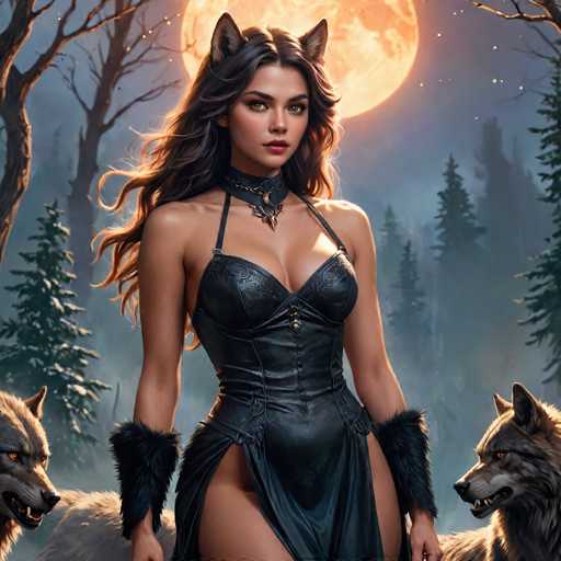 The image portrays a striking, computer-generated scene of a woman with long, dark brown hair, adorned with cat-like ears. She is dressed in a revealing black leather corset that exposes her cleavage and legs, complemented by black fur wrist cuffs. Around her neck, she wears a choker with a pendant. Flanking her on either side are two snarling wolves, their teeth bared and eyes glowing red, adding to the mystical atmosphere. The backdrop features a dark, foggy forest with tall pine trees, and a large, glowing orange moon that illuminates the scene, casting an eerie light on the woman's face. The overall composition exudes a sense of mystery and enchantment, reminiscent of a fantasy or video game setting.