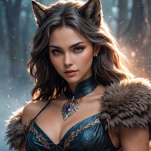 The image depicts a highly detailed, computer-generated or AI-generated fantasy character of a young woman, likely in her early 20s. She has long, wavy brown hair with a middle part and striking green eyes. Her face is adorned with pink lipstick and she wears a silver earring in her left ear. Around her neck is a black leather choker with a silver pendant that features a blue gemstone. She is dressed in a black leather top with intricate gold embroidery and fur accents on her shoulders, resembling a fur cape or puffy sleeves. The background is a blurred forest scene with sunlight filtering through the trees, creating a mystical atmosphere. The overall image has a slightly grainy texture, enhancing its ethereal quality.