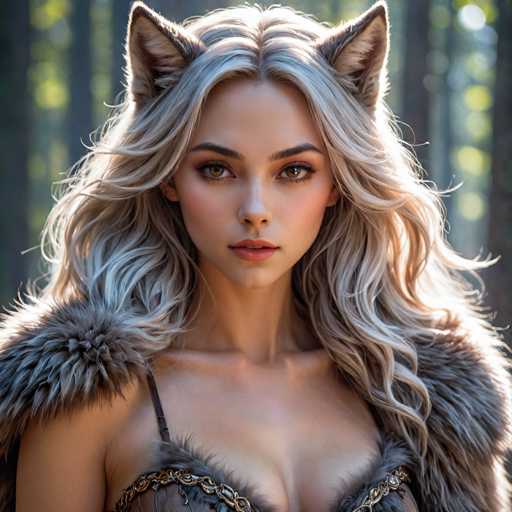 The image shows a close-up portrait of a woman with blonde hair and long bangs. She is wearing a fur coat that has a gold chain around her neck. The background features trees in the distance, suggesting an outdoor setting or forested area.