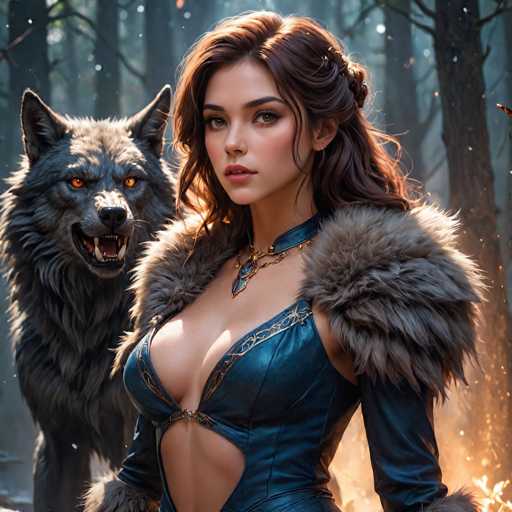 In this captivating fantasy illustration, a young woman with long, wavy brown hair stands in a dense forest, her gaze fixed on the viewer. She is adorned in a striking blue leather dress, intricately detailed with gold accents, and features a daring cutout that reveals her midriff. Her shoulders are embellished with luxurious fur, adding to her regal appearance. Around her neck, she wears an ornate gold necklace with a prominent blue gemstone pendant. Her lips are slightly parted, and her expression is one of serene confidence.

To her left, a majestic gray wolf with piercing orange eyes stands alert, its mouth open in a fierce snarl, showcasing sharp fangs. The wolf's fur is a mix of gray and black, with a lighter gray chest, and its ears are perked up, giving it an intense and wild demeanor. The background is a dense forest of tall, dark trees, their branches bare and devoid of leaves, enhancing the mystical and somewhat ominous atmosphere of the scene. The overall composition exudes a sense of enchantment and otherworldly beauty, drawing the viewer into its magical realm.
