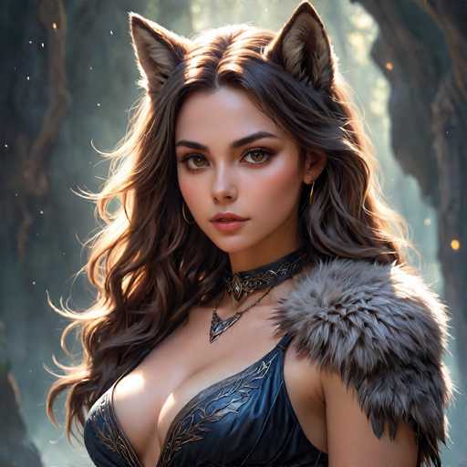 This image features a highly detailed, computer-generated depiction of a young woman with long, wavy brown hair and striking green eyes. She is adorned with large, fox-like ears that are brown on the outside and white on the inside, adding a fantastical element to her appearance. Her attire includes a black leather top with intricate gold leaf designs, and she wears a matching black leather choker with a triangular pendant. A fur piece, possibly part of a cape or shoulder armor, drapes over her left shoulder. The background is a blurred, ethereal forest with sunlight filtering through the trees, creating a mystical atmosphere. The overall composition suggests she is a character from a video game or animated series, blending elements of fantasy and elegance.