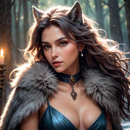 This image depicts a highly detailed, computer-generated or AI-generated fantasy character of a young woman with long, wavy brown hair and striking green eyes. She has a delicate, fair complexion and is adorned with a choker necklace featuring a large, teardrop-shaped orange gemstone. Her attire includes a low-cut, metallic blue dress that complements her regal appearance. She also wears diamond-shaped earrings and a fur cape with a grayish-blue hue. The character's most distinctive feature is her set of grayish-brown cat ears, which add a whimsical touch to her look. She is positioned in a forest setting, with sunlight filtering through the trees and casting a warm glow on her hair. To her left, a lit candle in a candlestick holder adds to the enchanting atmosphere. The overall scene is rich in detail, blending elements of fantasy and realism.