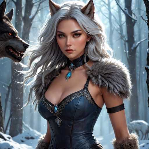 The image depicts a highly detailed, computer-generated scene featuring a striking female character in a snowy forest. The woman, who has long, flowing gray hair and piercing green eyes, is adorned with a black leather choker that has a prominent blue jewel at its center. She wears a black leather corset with intricate metal accents and fur trim on her shoulders and wrists. Her attire is complemented by a black leather strap wrapped around her upper arm. The character's expression is serious, and she gazes directly at the viewer. To her left, a menacing wolf with glowing orange eyes and bared teeth stands in the snow-covered forest, adding an element of danger to the scene. The background is filled with bare trees and a blanket of snow, enhancing the cold, wintry atmosphere.
