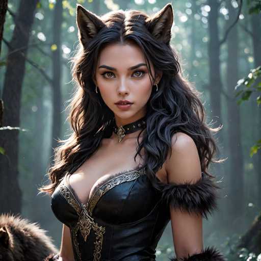 The image depicts a young woman, likely in her early 20s, with long, wavy black hair that cascades down to her chest. She has striking brown eyes and is adorned with a black leather choker featuring a gold pendant. Her attire includes a black leather corset with intricate gold trim, and she wears gold earrings. The woman also has distinctive cat-like ears, adding a fantastical element to her appearance. She stands in a dense forest, with sunlight filtering through the trees, casting a serene glow on her face. The background is filled with tall, slender trees, creating a lush, green backdrop. In the bottom left corner of the image, there is a glimpse of a furry animal, possibly a dog or a wolf, with a brownish coat. The overall scene is both enchanting and mysterious, blending elements of nature with a touch of fantasy.
