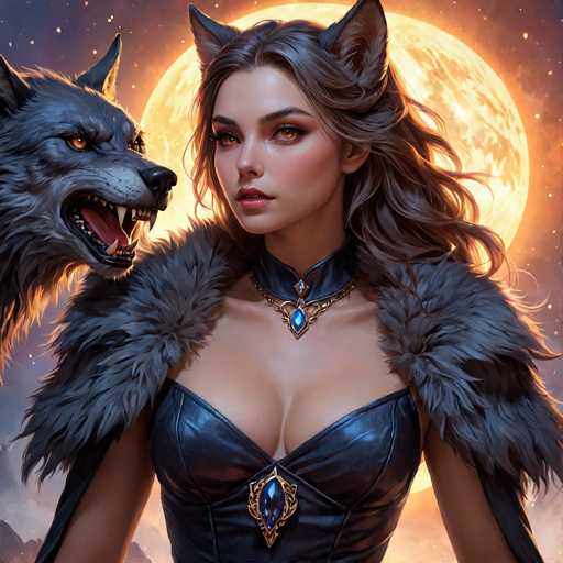 A woman with long brown hair and a blue dress stands next to a wolf with gray fur against the backdrop of a full moon. The wolf's eyes are wide open, and its mouth is slightly open as if it's growling or roaring.