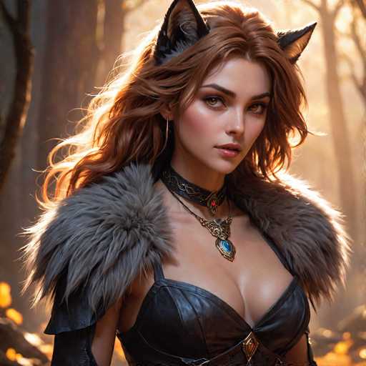 This image depicts a highly detailed, computer-generated or AI-generated fantasy character of a young woman with long, wavy auburn hair. She has striking greenish-brown eyes and is adorned with black cat ears, giving her a feline appearance. Her attire includes a black leather corset with thin straps over her shoulders, complemented by a fur collar that extends from her shoulders to her chest. She wears a black leather choker with intricate gold designs and a prominent blue gem pendant hanging from it. The background features a sunlit forest with tall trees, adding to the ethereal and mystical atmosphere of the scene.