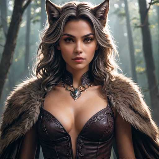 The image depicts a highly detailed, computer-generated or AI-generated artwork of a young woman, likely in her 20s, with a striking and somewhat otherworldly appearance. She has long, wavy hair that is a blend of grayish-brown and blonde, cascading down to her shoulders. Her face is adorned with heavy makeup, including dark eyebrows, long eyelashes, and pink lipstick, giving her a somewhat artificial look. She has light brown eyes and is staring directly at the viewer with a serious expression.

Her attire consists of a dark brown leather corset that reveals a significant portion of her chest, and she wears a distinctive fur cape that drapes over her shoulders. Around her neck, she sports a silver chain necklace with a large, ornate pendant featuring a blue gemstone. Additionally, she has a collar-like accessory that extends up to her neck, adding to her elaborate costume.

The background is a blurred forest scene with tall trees, creating a sense of depth and mystery. Sunlight filters through the trees, casting a glow on the woman's hair and the fur cape, enhancing the ethereal quality of the image. The overall composition suggests a fantasy or video game character, blending elements of nature and mysticism.