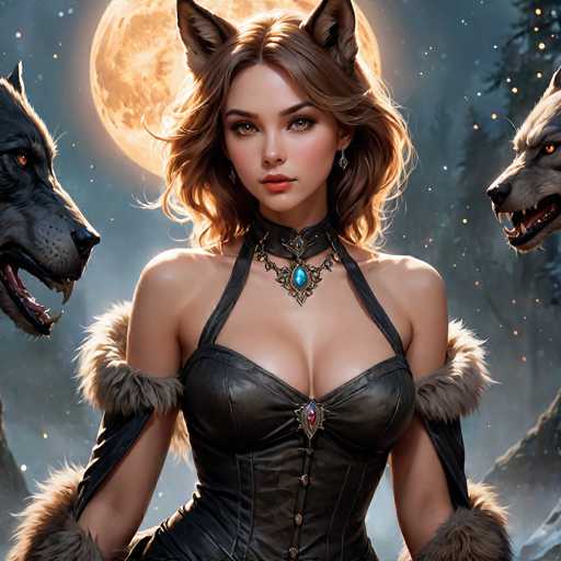 This detailed digital artwork depicts a young woman with shoulder-length, wavy brown hair and striking green eyes, standing at the center of the image. She is adorned with a black leather choker featuring a blue jewel, and a matching black leather corset that buttons up the front, complemented by fur trim on the sleeves. Her ears are pointed, resembling those of a wolf, and she wears diamond-shaped earrings. Flanking her on both sides are the snarling heads of wolves, their mouths open and teeth bared, adding a fierce element to the scene. The background is a dark, starry night sky with a large, glowing full moon partially obscured by her head, casting an ethereal light over the entire composition. The overall color palette includes shades of brown, tan, black, blue, red, gray, and white, enhancing the mystical and dramatic atmosphere of the artwork.